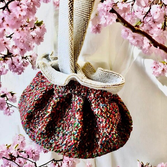 Vintage BEADED Drawstring Wrist Pouch Bag Flapper Art Deco Small - Picture 5 of 13